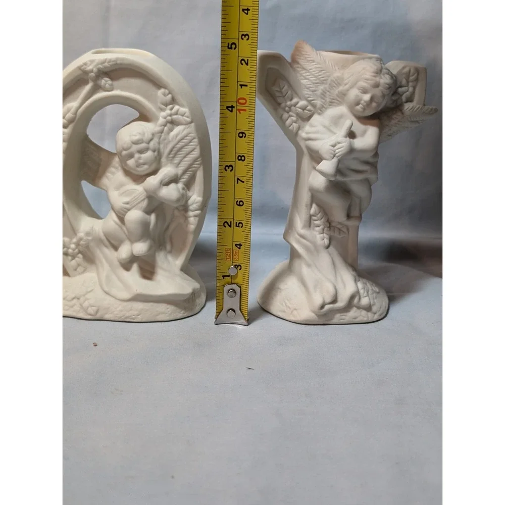 Vintage Angel Cherubs JOY Candle Stick Holders J‎ O Y 3 pc Set Ceramic White
